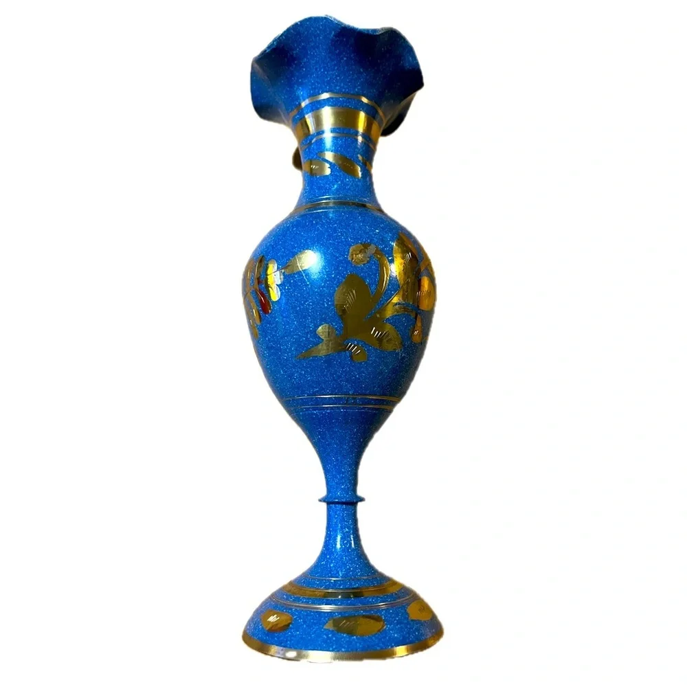 Vintage Blue Enameled Brass Bud Vase w/ etched florals and ruffled opening
